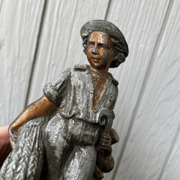 Vintage Pewter Boy with Beehive Statue Painted Folk Art Decor - Picture 4 of 11